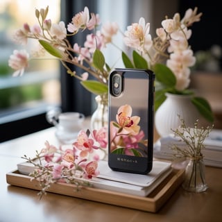 masterpiece, best quality,Photography advertisement for iphone protective cases, myphamhoahong photo, flower, (orange flower:1.2), leaf, branch, petals, plant, gradient, garden, realistic, cold theme, scenery, shadow, still life ,myphammaukem photo