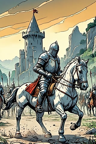 Knight on horseback with a single white background.
,royal knight,comic book