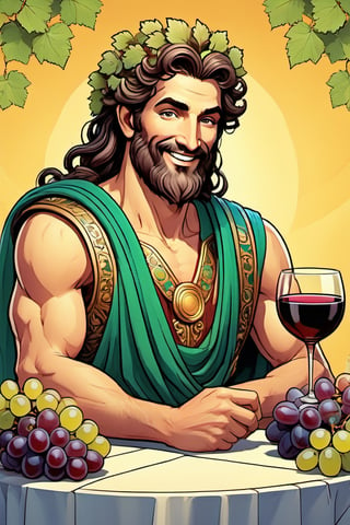 comic book,tmts, beatiful, 
high quality, cardgame, ancient greek clothes

The mythological god Dionysus, with a smile, with a drunken look, with leaves and grapes in his hair, with a bottle of wine in his hand, with a background of a party and dinner

style,ULTIMATE LOGO MAKER [XL],