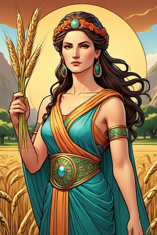 comic book,tmts, beatiful, 
high quality, cardgame


The mythological goddess Demeter with a defiant look, an ear of wheat in her hand, and with a spring background

style,ULTIMATE LOGO MAKER [XL],ancient greek clothes