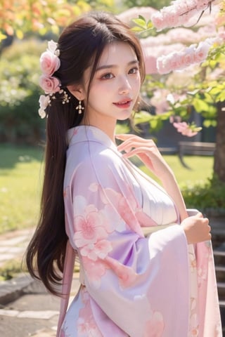 Masterpiece, (HD), (Best Quality: 1.4), (2/3 Body), Bottom-up POV, 1 Girl, Solo, Elegant Flower Viewing, Sakura, Sakura Spring Landscape, Surrounding Beauty, Autumn Maple Sakura, wearing exquisite hair accessories, thin earrings, a quiet and elegant expression on her face, (smile: 1.2), (happiness: 1.2), she wears a light pink kimono from legs to arms, a light purple floral pattern kimono, charming and perfect face, full lips, blush, glowing skin, realistic, pale skin, best quality, high resolution, (realistic: 1.2), pink and white, bright colors, paint splatters, simple background, light tracking, 8K, dream girl, soft, perfect