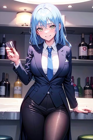 
amber_eyes, alone,
perfect_eyes, grinning , sexy_look , hot_look ,smile_face
,thong, curvy_figure,  , perfect_hands, indoors, blushing, , from_below, normal_breasts,  blue_fullbody_formal_suit 
,blue_suit,  black_normal_tie, 
 , a lot_bottles_in_baclgrounds, Violet_light ,
Violet light_baclgrounds,casino ,
,sexy_look ,
hand_resting_on_the_waist ,
hand_on_waist , ,Rimuru_Tempest, blue _hair, long_hair
, black_casino_bar , wine_glass_in_one_hand , bar ,drunk , touching_herself , male_coat_suit , formal_long_pants