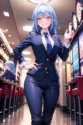 
amber_eyes, alone,
perfect_eyes, grinning , sexy_look , hot_look ,smile_face
,thong, curvy_figure,  , perfect_hands, indoors, blushing, , from_below, normal_breasts,  blue_fullbody_formal_suit 
,blue_suit,  black_normal_tie, 
 , a lot_bottles_in_baclgrounds, Violet_light ,
Violet light_baclgrounds,casino ,
,sexy_look ,
hand_resting_on_the_waist ,
hand_on_waist , ,Rimuru_Tempest, blue _hair, long_hair
, black_casino_bar , wine_glass_in_one_hand , bar ,drunk , touching_herself , male_coat_suit , formal_blue_pants