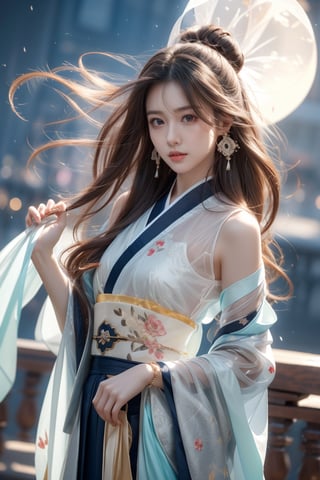 The background is midnight sky,big moon,dark night,floral leaf blowing,16 yo, 1 girl, flying in the air,halo,shining bracelet,beautiful hanfu(transparent), cloth blowing in wind, solo, {beautiful and detailed eyes}, calm expression, natural and soft light, delicate facial features, cute japanese idol, very small earrings, ((model pose)), Glamor body type, (dark hair:1.2),  beehive,big bun,very_long_hair, hair past hip, curly hair, flim grain, realhands, masterpiece, Best Quality, photorealistic, ultra-detailed, finely detailed, high resolution, perfect dynamic composition, beautiful detailed eyes, eye smile, ((nervous and embarrassed)), sharp-focus, full_body, sexy pose,cowboy_shot,ruanyi0060
