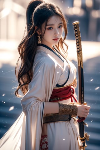 1girl,Sweet,, ,full body ,large breasts,The background is winter,snowy garden,1 girl,beautiful girl,Female Samurai, Holding a Japanese Sword, shining bracelet,beautiful hanfu(white, transparent),cape, solo, {beautiful and detailed eyes}, calm expression, natural and soft light, delicate facial features,very small earrings, ((model pose)), Glamor body type, (dark hair:1.2),  beehive,long ponytail,very_long_hair, hair past hip, curly hair, flim grain, realhands, masterpiece, Best Quality, photorealistic, ultra-detailed, finely detailed, high resolution, perfect dynamic composition, beautiful detailed eyes, eye smile, ((nervous and embarrassed)), sharp-focus, full_body, sexy pose,cowboy_shot,Samurai girl,glowing forehead,lighting, Japanese Samurai Sword (Katana),armor