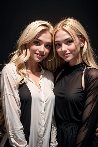 2girl, closed together, smiling, super cute blond woman in a dark theme