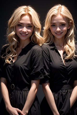 2girl, closed together, smiling, super cute blond woman in a dark theme