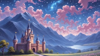 trees (in_front), castle, (mountains in background), midnight (starry_sky),artistic oil painting stick,rough,ADD MORE DETAIL