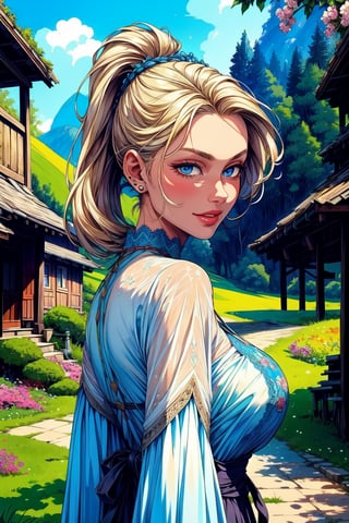 Generate a cinematic GoPro perspective (close up)capturing the enigmatic Russian supermodel as she visits an old Romanian village from the 1920s, nestled in the picturesque Maramureș area ,(vivid flowers and flowering trees next to wooden fences specific to the area), her striking blonde locks, piercing blue eyes, and a chic ponytail, she explores the village adorned in a traditional Romanian blouse, immersing herself in the cultural richness of the region. Against the backdrop of lush green grass, vibrant flowers, and charming old houses, she exudes an air of timeless elegance and grace. The GoPro photograph freezes her in a moment of enchantment, capturing the mesmerizing allure of the supermodel amidst the rustic beauty of the village's landscape. This close-up shot emphasizes her captivating smile and the interplay of natural lights, highlighting her beauty and the historical charm of the setting