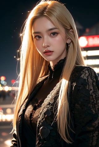 blonde hair(very long hair, straight hair),
Best Quality, 32k, photorealistic, ultra-detailed, finely detailed, high resolution, perfect dynamic composition, beautiful detailed eyes, sharp-focus, ((black lace jacket)), black Turtle neck shirt, night city view