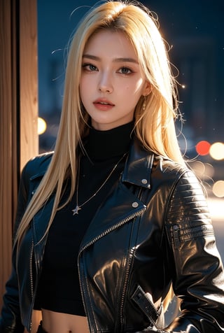 blonde hair(very long hair, straight hair),
Best Quality, 32k, photorealistic, ultra-detailed, finely detailed, high resolution, perfect dynamic composition, beautiful detailed eyes, sharp-focus, ((black leather jacket)), black Turtle neck shirt, night city view