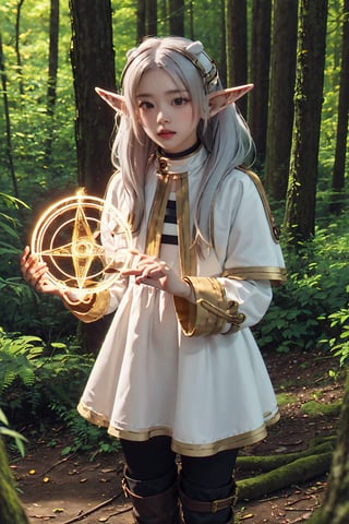 (frieren), elf, white hair, black leggings, brown boots,looking at viewer, standing, woods, capelet in white color with golden striped at edges, white dress also with golden striped at edge, portrait, one hand hold forward doing magic, glowing blue magic circle before hand