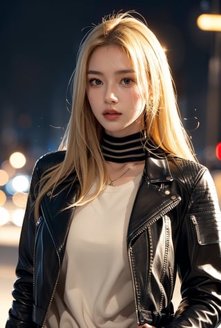 blonde hair(very long hair, straight hair),
Best Quality, 32k, photorealistic, ultra-detailed, finely detailed, high resolution, perfect dynamic composition, beautiful detailed eyes, sharp-focus, ((black leather jacket)), black Turtle neck shirt, night city view