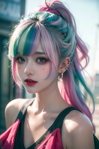 A girl, face, rainbow color hair, upper_body, colorful hair, (half blue and half pink hair), gradient green, red lips, delicate facial features, ink paiting, colorfull background, splashed ink wall,
The highest picture quality, the highest quality, smooth hair, ponytail, masterpiece, solo, depth of field, cute girl with delicate and moist skin, solo, (mist), paint on the face, random clothes, texture,
 Shoulder, patterned, gradient, sparkling, floating clouds, exquisite CG, exquisite and beautiful facial features, gorgeous highlights, crystal clear, floating sparks, ink liquid flame, stunning, charming, sparkling, perfect, super Clear, 16k,