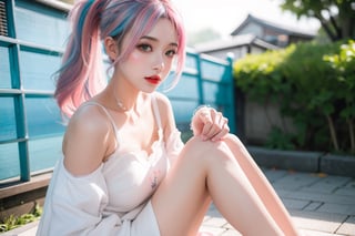 A Japanese girl, face, rainbow-colored hair, whole body, sitting on the ground, colorful hair, (half blue and half pink hair), gradient green, red lips, exquisite facial features, ink painting, colorful background, splashed ink wall, highest quality, highest Quality, smooth hair, ponytail, lively streets of Japan, masterpiece, solo, depth of field, cute girl with delicate moist skin, solo, (fog), only underwear, showing underwear, short skirt, face paint, casual Clothes, textures, shoulders, patterns, gradients, sparkling, floating clouds, exquisite CG, exquisite and beautiful facial features, gorgeous highlights, crystal clear, elegant sparks, ink flames, stunning, charming, sparkling, perfect, ultra-clear ,16k,