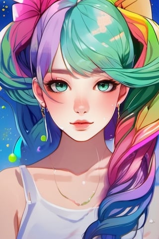 A girl, face, rainbow color hair, upper_body, colorful hair, (half blue and half pink hair), gradient green, red lips, delicate facial features, ink paiting, colorfull background, splashed ink wall,
The highest picture quality, the highest quality, smooth hair, ponytail, masterpiece, solo, depth of field, cute girl with delicate and moist skin, solo, (mist), paint on the face, random clothes, texture,
 Shoulder, patterned, gradient, sparkling, floating clouds, exquisite CG, exquisite and beautiful facial features, gorgeous highlights, crystal clear, floating sparks, ink liquid flame, stunning, charming, sparkling, perfect, super Clear, 16k,