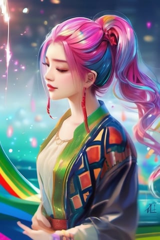 A girl, face, rainbow color hair, upper_body, colorful hair, (half blue and half pink hair), gradient green, red lips, delicate facial features, ink paiting, colorfull background, splashed ink wall,
The highest picture quality, the highest quality, smooth hair, ponytail, masterpiece, solo, depth of field, cute girl with delicate and moist skin, solo, (mist), paint on the face, random clothes, texture,
 Shoulder, patterned, gradient, sparkling, floating clouds, exquisite CG, exquisite and beautiful facial features, gorgeous highlights, crystal clear, floating sparks, ink liquid flame, stunning, charming, sparkling, perfect, super Clear, 16k,