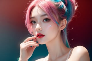 A girl, face, rainbow hair, whole body, colorful hair, (half blue and half pink hair), gradient green, red lips, delicate facial features, ink painting, colorful background, splash wall, highest image quality, highest quality, smooth hair , ponytail, masterpiece, solo, depth of field, cute girl with delicate moist skin, solo, (fog), wearing only underwear, showing underwear, short skirt, face paint, casual clothes, texture, shoulders, pattern, gradient, Sparkling, floating clouds, exquisite CG, exquisite and beautiful facial features, gorgeous highlights, crystal clear, elegant sparks, ink flames, stunning, charming, sparkling, perfect, ultra-clear, 16k,