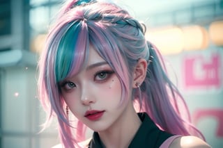 A girl, face, rainbow color hair, upper_body, colorful hair, (half blue and half pink hair), gradient green, red lips, delicate facial features, ink paiting, colorfull background, splashed ink wall,
The highest picture quality, the highest quality, smooth hair, ponytail, masterpiece, solo, depth of field, cute girl with delicate and moist skin, solo, (mist), paint on the face, random clothes, texture,
 Shoulder, patterned, gradient, sparkling, floating clouds, exquisite CG, exquisite and beautiful facial features, gorgeous highlights, crystal clear, floating sparks, ink liquid flame, stunning, charming, sparkling, perfect, super Clear, 16k,