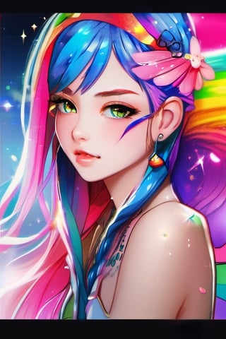 A girl, face, rainbow color hair, upper_body, colorful hair, (half blue and half pink hair), gradient green, red lips, delicate facial features, ink paiting, colorfull background, splashed ink wall,
The highest picture quality, the highest quality, smooth hair, ponytail, masterpiece, solo, depth of field, cute girl with delicate and moist skin, solo, (mist), paint on the face, random clothes, texture,
 Shoulder, patterned, gradient, sparkling, floating clouds, exquisite CG, exquisite and beautiful facial features, gorgeous highlights, crystal clear, floating sparks, ink liquid flame, stunning, charming, sparkling, perfect, super Clear, 16k,