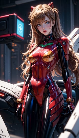 Asuka Langley a spaceship pilot in a latex suit with robotic limbs,  laying down in a pod,  in a cyberpunk setting,  cyborg,  implants,  high details,  realistic,  photorealism,  8k, souryuuasukalangley