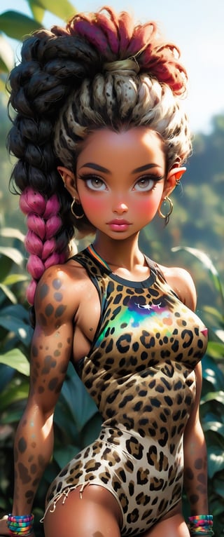 (masterpiece,best quality),High detailed, picture perfect face,Elf,(dark elf),black skin,colored skin,dark skin,((wearing leopard pattern leotard)),primal,loincloth, blush,freckles,beautiful face, supermodel,photo model, colorful, (multicolored hair,white hair),long hair,long_ponytail,braids, perfectly textured skin,(iridescent eyes),(perfect female body),slim,slender,HUGE breast,long legs,((thigh gap)), (thic lips, broad lips), alluring,charming,beautiful,cute,feminine,sexy,seductive,erotic, lipgloss,makeup, delicate, fantasy,jungle, ,more detail XL,ani_booster,photo_b00ster,FilmGirl,Vitiligo