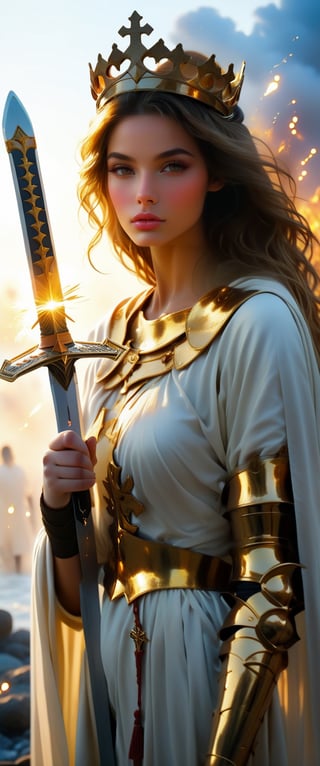 Goddess wearing golden armor, cross symbol, holding long sword (thick blade, flame), golden crown, white cloak, queen of sunshine, oil painting style, sharp focus, LED, smoke, artillery, sparks, perfect fingers (1 thumb, 4 fingers), perfect composition, detailed complex octane renderings popular on fine art websites, 8K art photography, realistic concept art, soft and natural stereoscopic cinema perfect lighting, chiaroscuro, award-winning photos