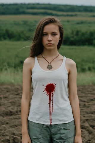 Medium shot of a girl wear tanktop wity blood in the war field