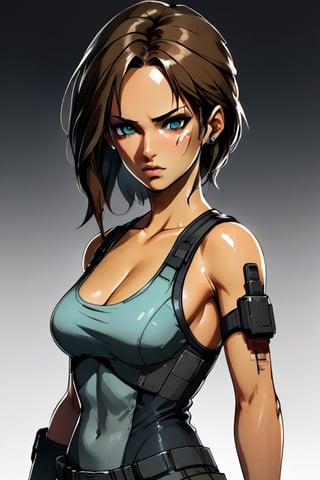 lara Croft in a cyberpunk style looking at viewer with a sexy and serious face , full body view , standing sexy pose