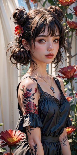 dal-1, 1girl, solo, looking at viewer, short hair, black hair, hair ornament, dress, closed mouth, jewelry, twintails, brown eyes, upper body, flower, heart, frills, parted lips, blunt bangs, hair flower, necklace, hair bun, black dress, eyelashes, clothing cutout, tattoo, double bun, makeup, border, rose, facial mark, portrait, cross, red flower, white border, red background, lace, red rose, red lips, red theme, heart tattoo, heart facial mark ,CONCEPT_irezumi_YakuzaTattoo_ownwaifu,score_9