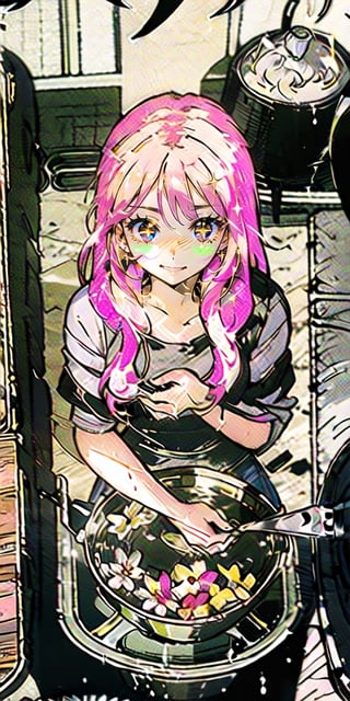 //quality, masterpiece,high_resolution, detailed, ((high quality)),,//character, ((1girl)), ,(rabbit_girl|white rabbit_ears|pink hair|red eyes),long hair, white school_swimsuit,((speech_bubble|,?,???,|question_mark|)),//,(, ,large cooking_pot,flower,flowers in the pot,holding pot),// (panicking),wet,wet_hair, (scared), cold sweat,nervous,// background, ((room, indoor)),more detail XL,aesthetic,((,from_above,viewed_from_above,))