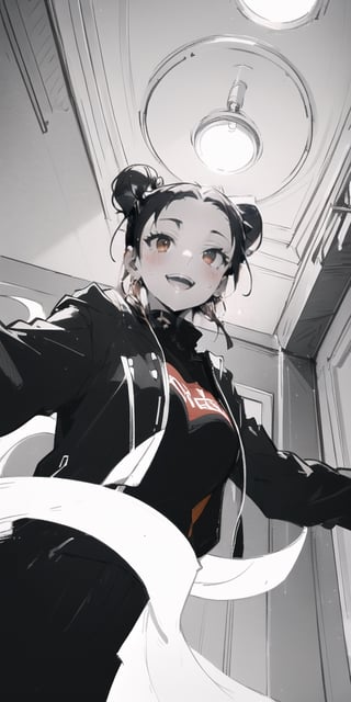 1girl, solo, looking at viewer, open mouth, shirt, black hair, hair ornament, jewelry, jacket, upper body, earrings, teeth, indoors, hair bun, black eyes, lips, black jacket, double bun, upper teeth only, from below, outstretched arms, red shirt, forehead, ceiling, ceiling light