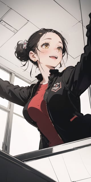 1girl, solo, looking at viewer, open mouth, shirt, black hair, hair ornament, jewelry, jacket, upper body, earrings, teeth, indoors, hair bun, black eyes, lips, black jacket, double bun, upper teeth only, from below, outstretched arms, red shirt, forehead, ceiling, ceiling light