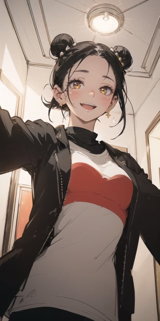 1girl, solo, looking at viewer, open mouth, shirt, black hair, hair ornament, jewelry, jacket, upper body, earrings, teeth, indoors, hair bun, black eyes, lips, black jacket, double bun, upper teeth only, from below, outstretched arms, red shirt, forehead, ceiling, ceiling light