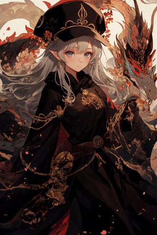 Beautiful woman with long silver hair on gray background in brilliant light room. Wearing a hat and smiling, black top, girl, cloak body, two-dimensional, female swordsman, dragon girl,2D