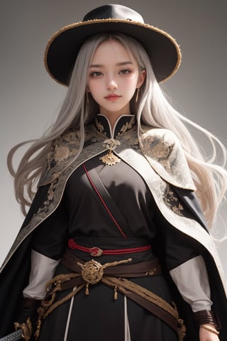 Beautiful woman with long silver hair on gray background in brilliant light room. Wearing a hat and smiling, black top, girl, cloak body, two-dimensional, female swordsman, dragon girl,2D