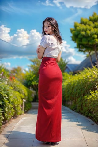 1girl, long hair. black hair, day, blue Sky, clouds,acmm ss outfit,Myanmar,viewed_from_behind,full_body,standing,big_boobies,garden. top white shirt and red dress buttom. ,Enhance,Mecha body,wonder beauty ,Sexy Pose