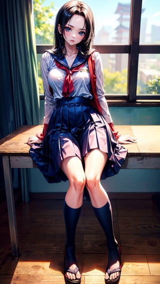 blue eyes, black hair, full Body, (smile), ((Japanese Girls High School Uniform)), ultra high resolution,8k,Hdr, classroom, BoaHancockV2, hancock1,1 girl, sitting on the chair 