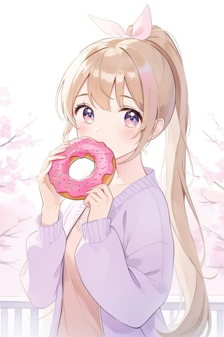A ponytailed beauty eating a donut