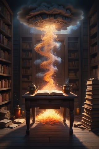 There is an old wooden desk in a small room under the dark sunlight. Old books of various sizes and colors are lined up on the desk.
A book rises into the air and burns to ashes