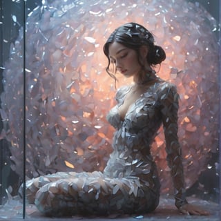 1girl, very beautiful dreamy surreal beauty portrait, silk made of transparent glossy glass is wrapped around the girl's body, reflecting a strange light, the girl hugs her thighs, dreamy scene, space art concept, science fiction, digital art, Unreal Engine, wlop, art station trends, transparency, 4k ultra high definition images, octane rendering, big breasts, full body,LegendDarkFantasy,shards, 3D SINGLE TEXT,styr,glass