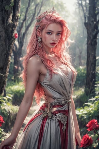 In a whimsical, dreamlike setting, a princess with pink hair and eyes adorns a rose- themed gown, her long hair flowing gently behind her. A soft, magical glow illuminates her delicate features, as she stands amidst an enchanted forest, surrounded by glowing flowers and fluttering butterfly accessories. Delicate butterfly wings sprout from her crown, while a gentle breeze rustles the petals of the enchanted rose at her feet. The fairy tale castle in the distance casts a majestic shadow, as magical creatures frolic playfully within the whimsical landscape. Ethereal beauty emanates from this masterwork of fantasy art, crafted with ultra-detailed precision by Angela White.,Sugar babe ,leonardo,viking,perfect light