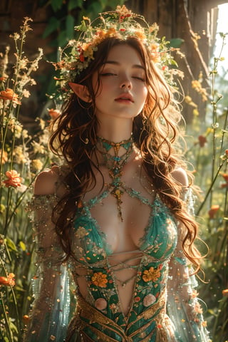 In a dappled, ancient forest ruin, an Elf Princess stands tall, her staff raised high as beams of warm sunlight filter through the trees, casting a golden halo around her regal figure. Her revealing, enchanted clothing shimmers in the soft light, while lush foliage and vines surround her, creating a lush environment. The camera captures a sharp focus on the princess's face, with the rule of thirds composition placing her at the intersection of two diagonals. Shot during the golden hour, the scene exudes an ethereal mood, inviting the viewer to step into this mystical realm., ,fantasy,better_hands,leonardo,angelawhite,Enhance