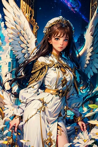 8k, fluffy white angel girl (looks 17 years old) on a golden jeweled tower in a heavenly utopian city, huge feathered angel wings, glowing nebula eyes, white flowing clouds, ivory armor inlaid with diamond gems, Trends in art stations, sharp focus, studio photos, intricate details, very detailed,