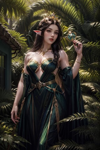 In a dappled, ancient forest ruin, an Elf Princess stands tall, her staff raised high as beams of warm sunlight filter through the trees, casting a golden halo around her regal figure. Her revealing, enchanted clothing shimmers in the soft light, while lush foliage and vines surround her, creating a lush environment. The camera captures a sharp focus on the princess's face, with the rule of thirds composition placing her at the intersection of two diagonals. Shot during the golden hour, the scene exudes an ethereal mood, inviting the viewer to step into this mystical realm., ,fantasy,better_hands,leonardo,angelawhite