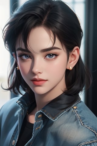 A tall, handsome, masculine young girl with a strong build, black-haired brunette. Low-rise jeans. The podium. Masterpiece, detailed study of the face, beautiful face, beautiful facial features, perfect image, realistic shots, detailed study of faces, full-length image, 8k, detailed image. an extremely detailed illustration, a real masterpiece of the highest quality, with careful drawing.,SailorStarFighter,SailorStarMaker, 