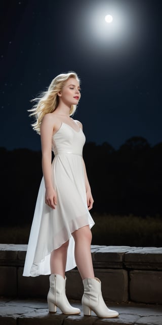 A teenage girl stands serene against a velvety black night sky, her porcelain-pale skin glowing softly in the moonlight. She wears a flowing white dress that rustles gently as she poses, paired with gleaming white boots that seem to shimmer in harmony. Her lovely face is bathed in an ethereal light, highlighting her luscious locks and juicy lips that curve into a subtle smile. The moon's gentle rays dance across her hair, imbuing the scene with an air of mystique.
