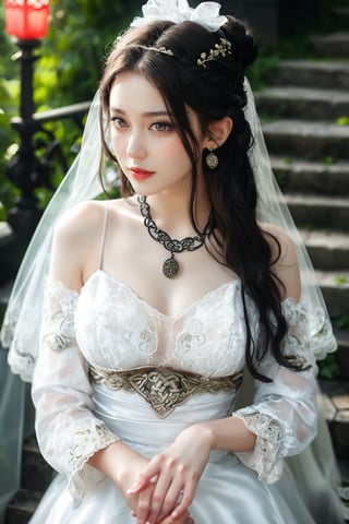 1girl, solo, beautiful asian looking girl, looking at viewer, smile, long black hair, ((white long sleeves)), ((white dress)), jewelry, ((hair bun)), flowing long hair, wedding veil, beautiful chinese ornament hairpin, standing, torso shot, earrings, outdoors, wide sleeves, chinese clothes, veil, stairs, hanfu, intricate details, highly detailed, expressiveh, emotionless, realistic, ,Illustration,angelawhite,viking