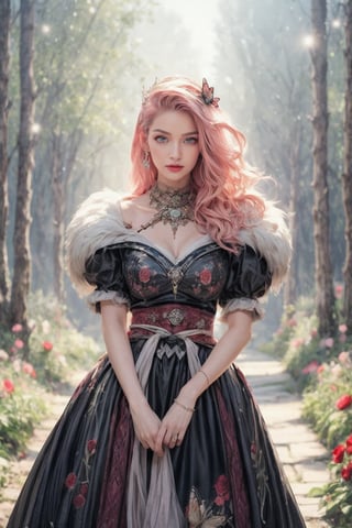 In a whimsical, dreamlike setting, a princess with pink hair and eyes adorns a rose- themed gown, her long hair flowing gently behind her. A soft, magical glow illuminates her delicate features, as she stands amidst an enchanted forest, surrounded by glowing flowers and fluttering butterfly accessories. Delicate butterfly wings sprout from her crown, while a gentle breeze rustles the petals of the enchanted rose at her feet. The fairy tale castle in the distance casts a majestic shadow, as magical creatures frolic playfully within the whimsical landscape. Ethereal beauty emanates from this masterwork of fantasy art, crafted with ultra-detailed precision by Angela White.,Sugar babe ,leonardo,viking,perfect light