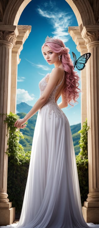 Sitting posture, looking away, beautiful profile.

In a whimsical, dreamlike setting, the pink-haired and eyed princess wears a white rose-themed gown, her long hair flowing gently behind her. A soft, magical glow illuminates her delicate features as she stands in the midst of an enchanted forest, surrounded by glowing flowers and fluttering butterfly accessories. Delicate butterfly wings sprout from her crown, and a gentle breeze rustles the petals of an enchanting rose at her feet. Fairytale castles cast majestic shadows in the distance, and magical creatures frolic in the whimsical landscape. Ethereal beauty emerges from this masterpiece of fantastical art, crafted with ultra-fine precision by Angela White. pit, thin, illustration,
